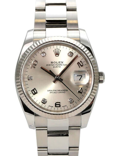 Rolex 115234 Oyster Perpetual Date 34 Silber Diamant mit silbernem Zifferblatt und Diamanten.