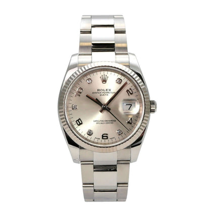 Rolex 115234 Oyster Perpetual Date 34 Silber Diamant mit silbernem Zifferblatt und Diamanten.