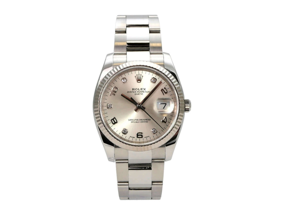 Rolex 115234 Oyster Perpetual Date 34 Silber Diamant mit silbernem Zifferblatt und Diamanten.