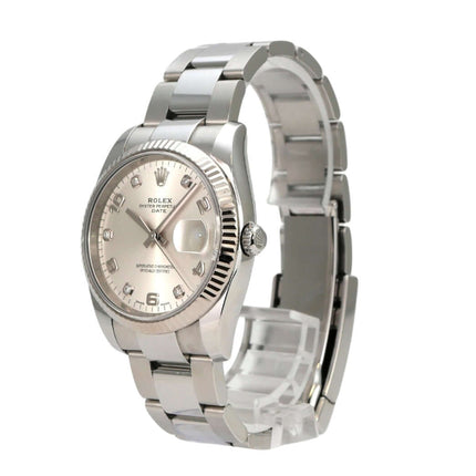 Rolex 115234 Oyster Perpetual Date 34 Silber Diamant mit silbernem Zifferblatt und diamantenbesetztem Gehäuse.