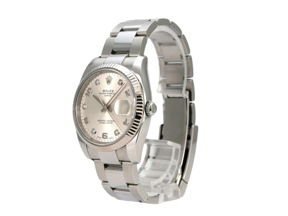 Rolex 115234 Oyster Perpetual Date 34 Silber Diamant mit silbernem Zifferblatt und diamantenbesetztem Gehäuse.