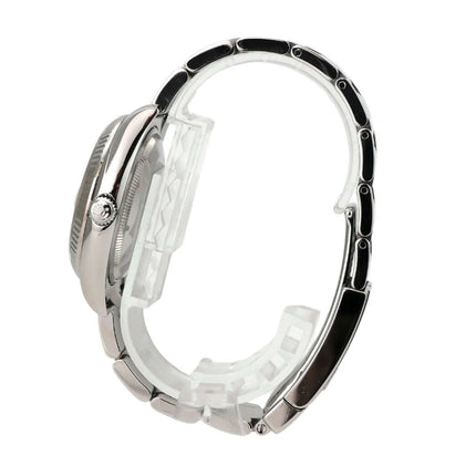 Rolex 115234 Oyster Perpetual Date 34 Silber Diamant seitliche Ansicht des Gehäuses und Armbands