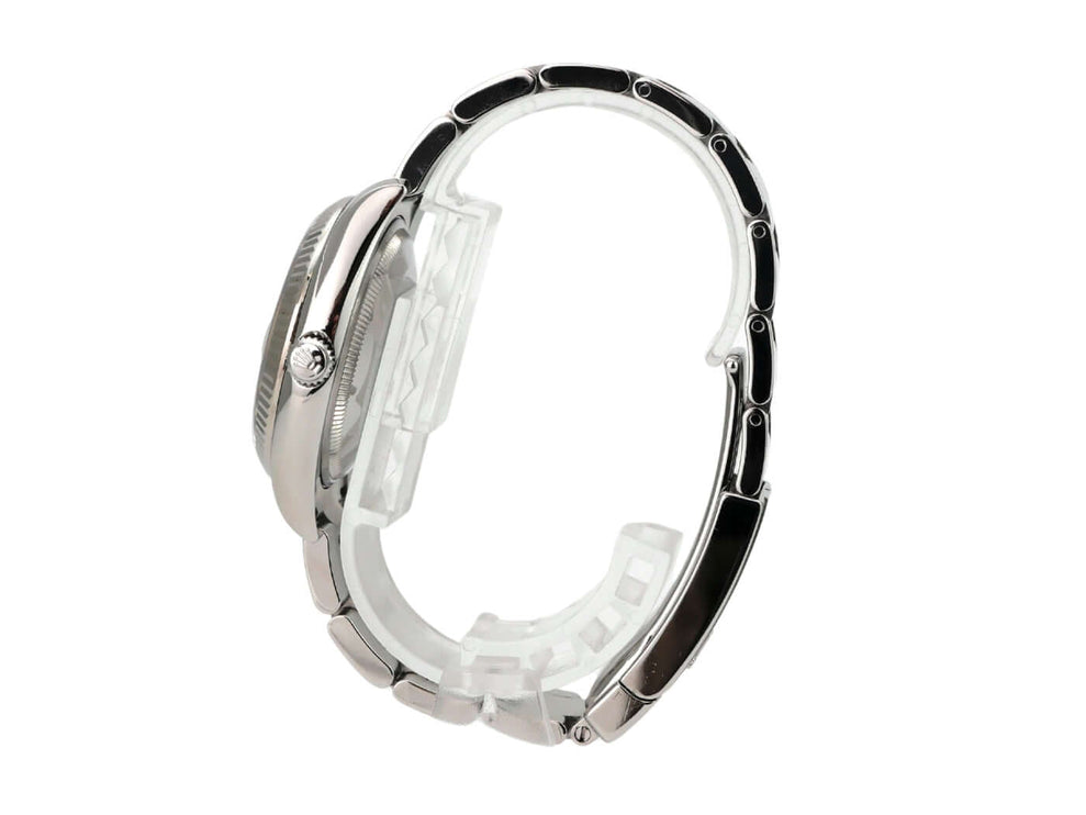 Rolex 115234 Oyster Perpetual Date 34 Silber Diamant seitliche Ansicht des Gehäuses und Armbands