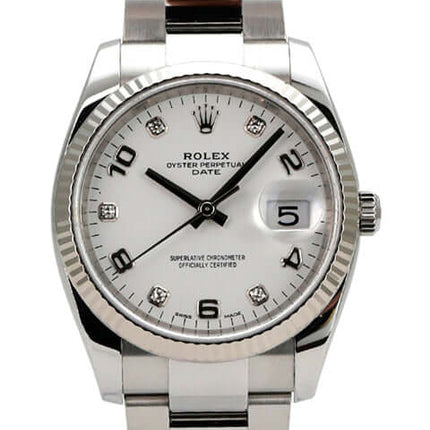 Rolex Oyster Perpetual Date 34 115234 Weiß Diamant, Edelstahl-Weißgold, weißes Zifferblatt mit Diamanten