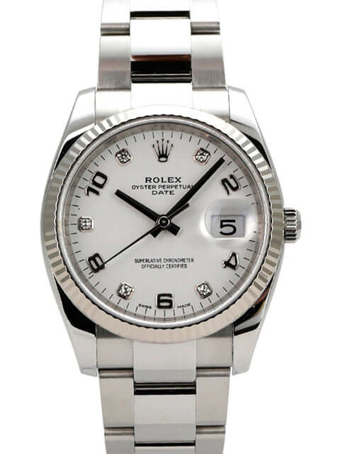 Rolex Oyster Perpetual Date 34 115234 Weiß Diamant, Edelstahl-Weißgold, weißes Zifferblatt mit Diamanten