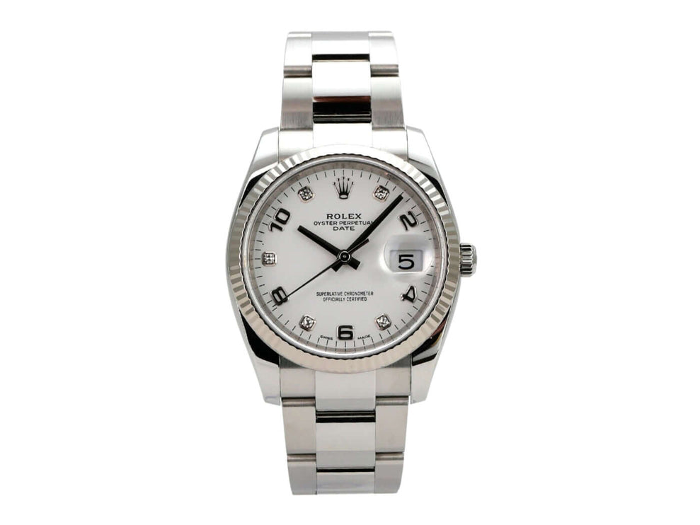 Rolex Oyster Perpetual Date 34 115234 Weiß Diamant mit weißem Zifferblatt, Diamanten und Edelstahlarmband