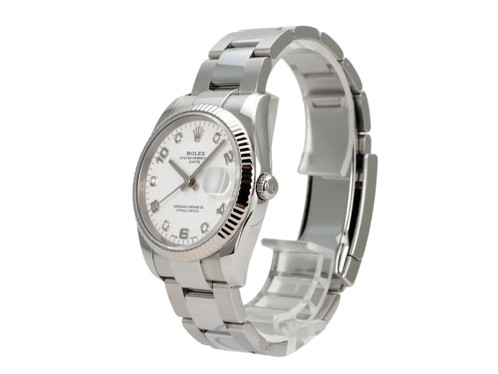 Rolex Oyster Perpetual Date 34 115234 Weiß Diamant, Edelstahl- und Weißgoldarmband mit weißem Zifferblatt