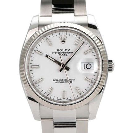 Rolex Oyster Perpetual Date 34 Edelstahl Weißgold 115234 mit weißem Zifferblatt und Automatikwerk