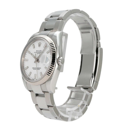 Rolex Oyster Perpetual Date 34 Edelstahl Weißgold 115234, elegantes Design, weißes Zifferblatt, automatisches Uhrwerk.