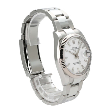 Rolex Oyster Perpetual Date 34 Edelstahl / Weißgold Ref. 115234 mit weißem Zifferblatt und poliertem Edelstahlband.