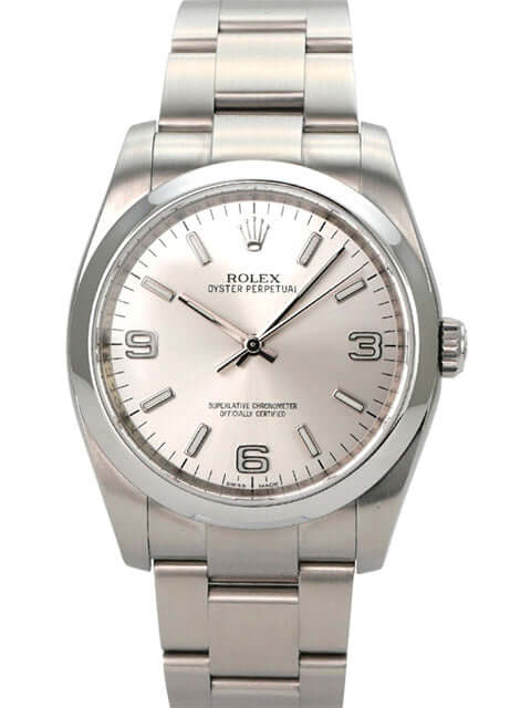 Rolex Oyster Perpetual 36 116000 Silber Armbanduhr mit silbernem Zifferblatt und Edelstahlarmband.