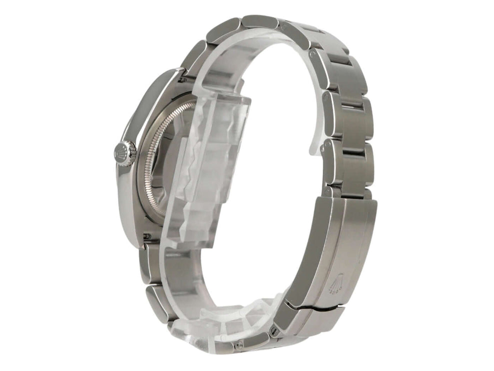 Rolex Oyster Perpetual 36 116000 Silber Uhr mit Edelstahlarmband und poliertem Gehäuse seitliche Ansicht