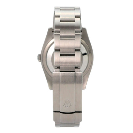 Rolex Oyster Perpetual 36 116000 Silber Rückansicht des Edelstahlarmbands und Gehäuses.