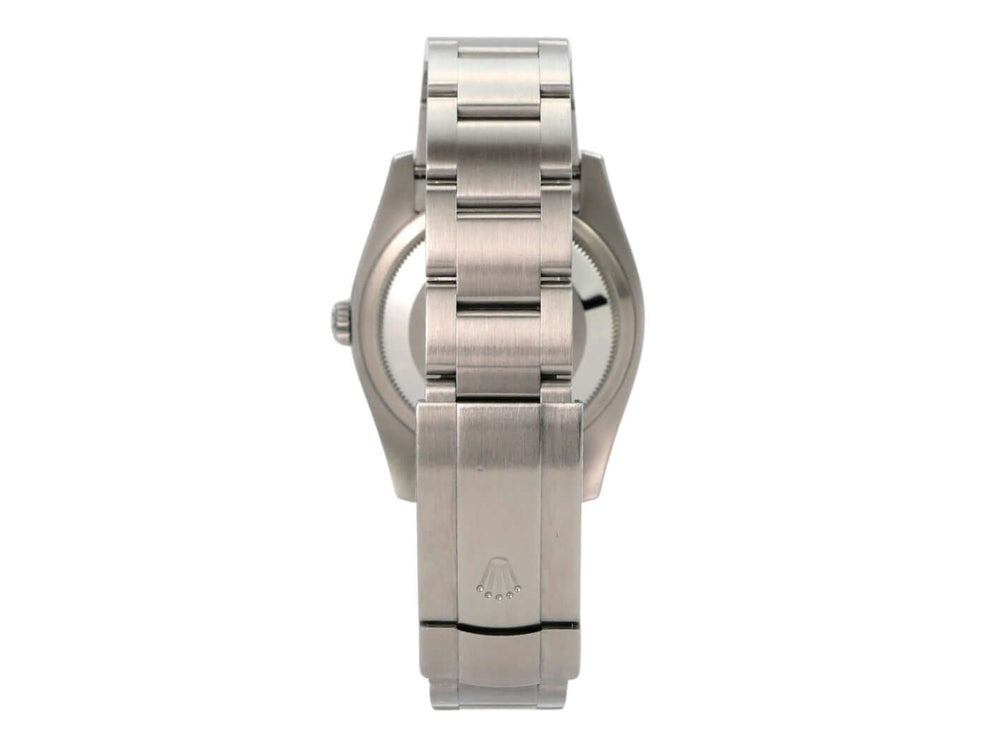 Rolex Oyster Perpetual 36 116000 Silber Rückansicht des Edelstahlarmbands und Gehäuses.