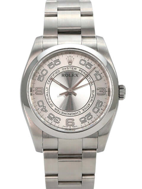 Rolex Oyster Perpetual 36 116000 Silber Arabisch mit silberfarbenem Zifferblatt und Edelstahlarmband.