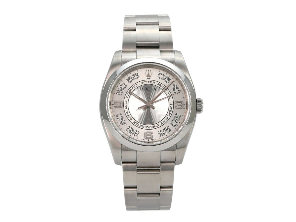 Rolex Oyster Perpetual 36 116000 Silber Arabisch mit silbernem Zifferblatt und Edelstahlarmband