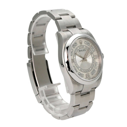 Rolex Oyster Perpetual 36 116000 Silber Arabisch Armbanduhr aus Edelstahl mit silbernem Zifferblatt und arabischen Ziffern.
