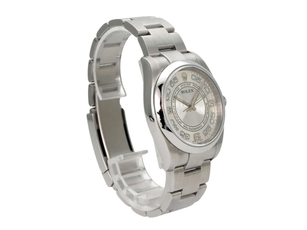 Rolex Oyster Perpetual 36 116000 Silber Arabisch Armbanduhr aus Edelstahl mit silbernem Zifferblatt und arabischen Ziffern.