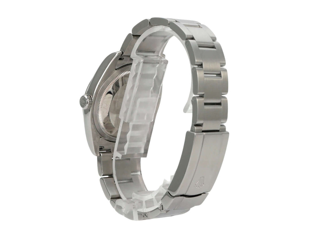Rolex Oyster Perpetual 36 116000 Silber Arabisch Uhr mit Edelstahlarmband von der Seite