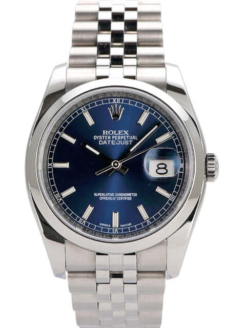Rolex Datejust 36 116200 mit blauem Zifferblatt und Jubile Edelstahlband, poliertes Gehäuse.