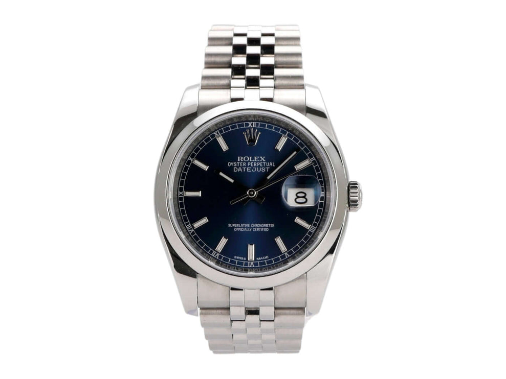 Rolex Datejust 36 116200 mit blauem Zifferblatt und Jubile Edelstahl Armband, 2019, Automatik Uhr.