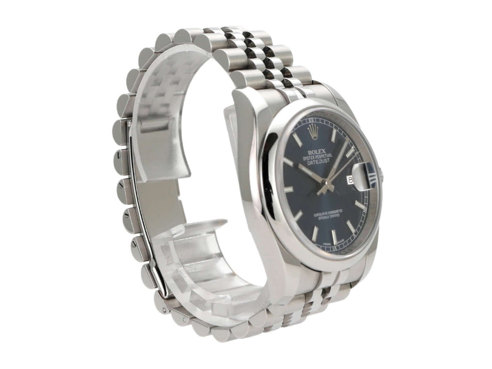 Rolex Datejust 36 116200 mit blauem Zifferblatt und Jubile-Armband aus Edelstahl.