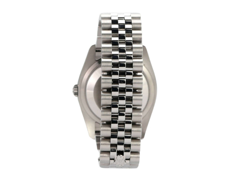 Seitenansicht der Rolex Datejust 36 mit Jubile Edelstahl Armband, elegantes Design und präzise Verarbeitung.