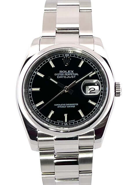 Rolex Datejust 36 Edelstahl 116200 Schwarz Zifferblatt 2009 LC100 mit poliertem und satiniertem Gehäuse, Oyster-Armband und Saphirglas.