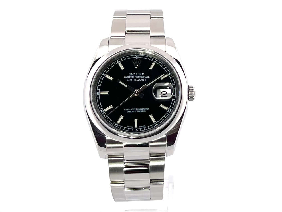 Rolex Datejust 36 Ref. 116200 mit schwarzem Zifferblatt und poliertem Edelstahlgehäuse, Automatikuhr mit Oyster-Edelstahlarmband und Datumsanzeige.