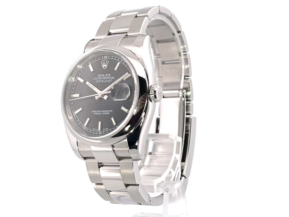 Rolex Datejust 36 Ref. 116200 Edelstahl poliertes Gehäuse und Armband, schwarzes Zifferblatt mit Leuchtindizes und Leuchtzeigern.