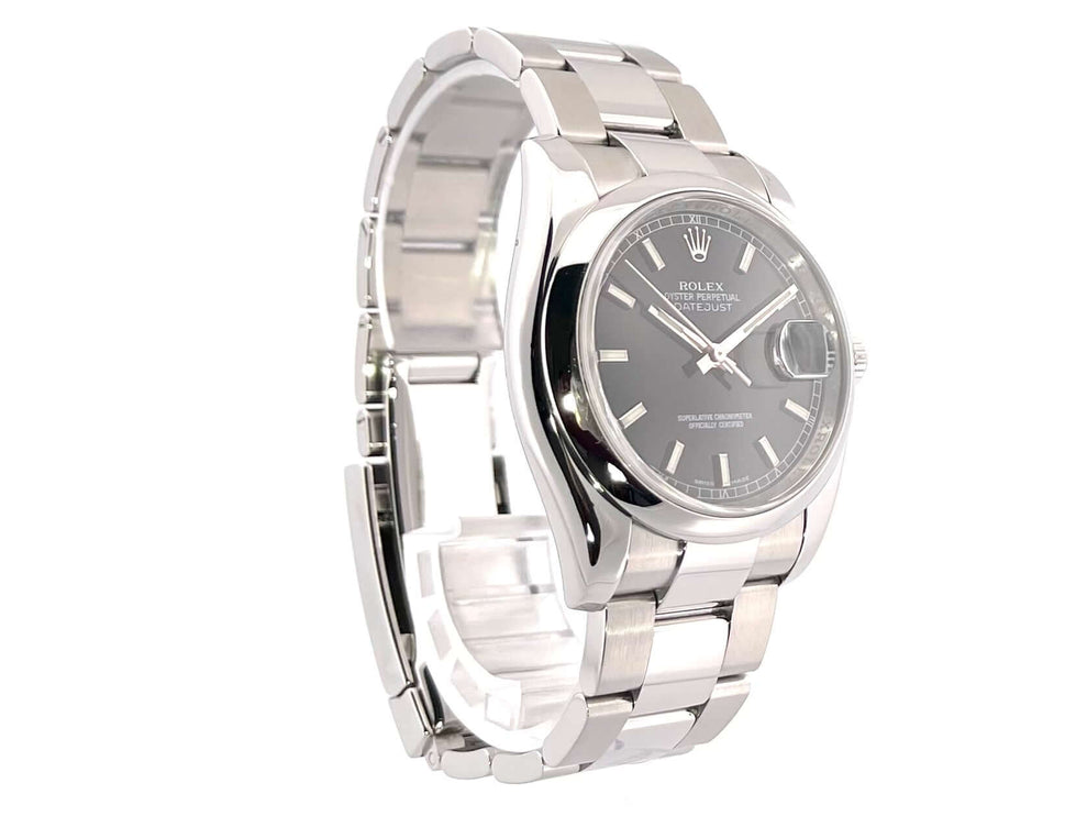 Rolex Datejust 36 Edelstahl 116200 mit schwarzem Zifferblatt und Oyster-Edelstahl Armband, poliertes und satiniertes Gehäuse, luxuriöse Armbanduhr