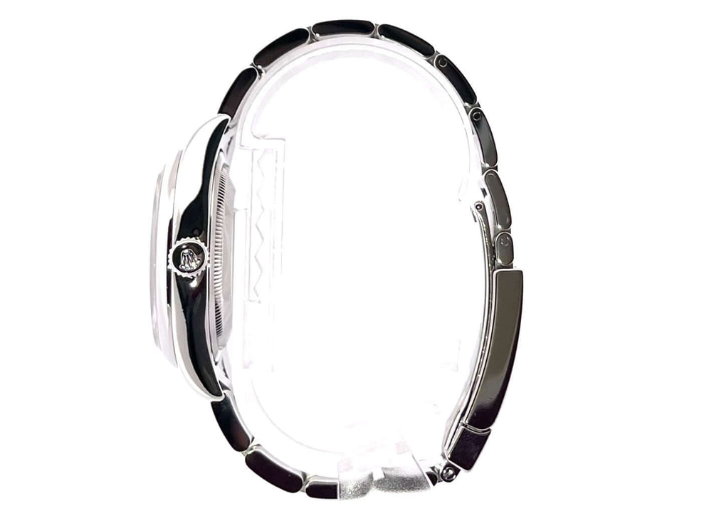 Rolex Datejust 36 Edelstahl Ref. 116200 schwarze Zifferblatt-Seitenansicht, Oyster-Armband, poliertes Edelstahlgehäuse.