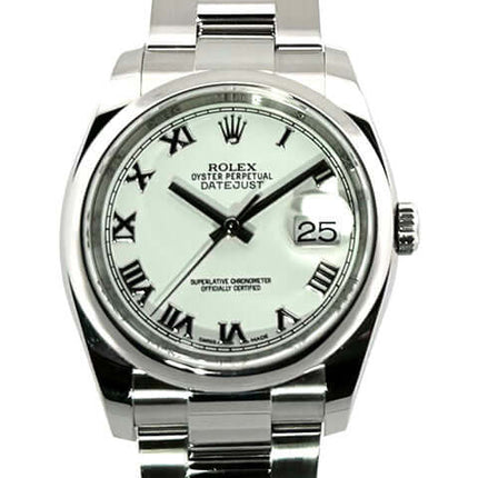 Rolex Datejust 36 Edelstahl 116200 Weiß Römisch Zifferblatt mit römischen Ziffern und Oyster Armband. ಮodell von 2018.