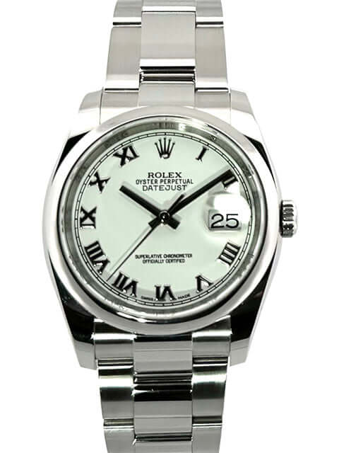 Rolex Datejust 36 Edelstahl 116200 Weiß Römisch Zifferblatt mit römischen Ziffern und Oyster Armband. ಮodell von 2018.