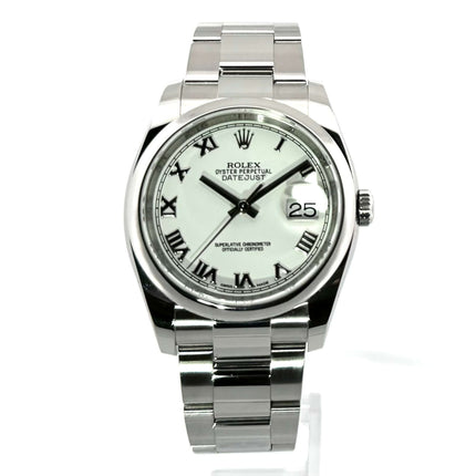 Rolex Datejust 36 Edelstahl Ref. 116200 Weiss Römisch, polierte Lünette, Oyster Armband, Zifferblatt mit römischen Ziffern und Datum, Chronometer.
