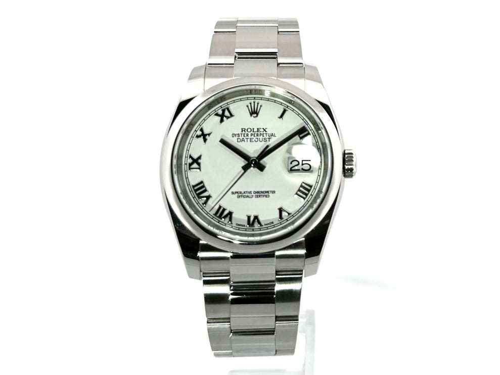 Rolex Datejust 36 Edelstahl Ref. 116200 Weiss Römisch, polierte Lünette, Oyster Armband, Zifferblatt mit römischen Ziffern und Datum, Chronometer.
