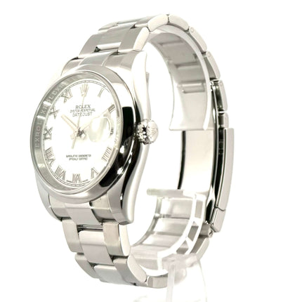 Rolex Datejust 36 Edelstahl 116200 Weiß Römisch, poliertes Edelstahlgehäuse, Oyster Armband, weißes Zifferblatt mit römischen Ziffern.