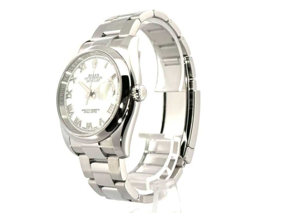 Rolex Datejust 36 Edelstahl 116200 Weiß Römisch, poliertes Edelstahlgehäuse, Oyster Armband, weißes Zifferblatt mit römischen Ziffern.
