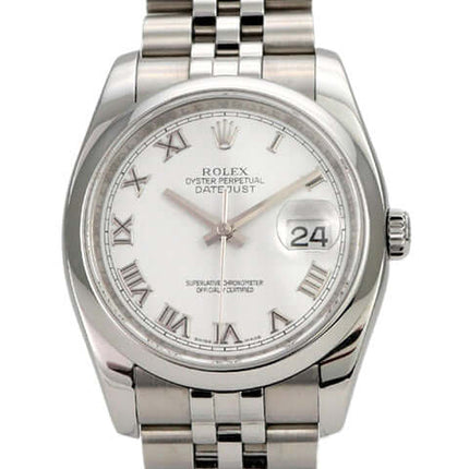 Rolex Datejust 36 Ref. 116200 mit weißem Zifferblatt und römischen Ziffern, Jubile-Band, Edelstahlgehäuse.