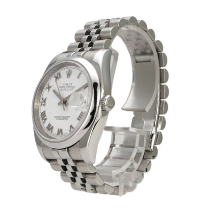 Rolex Datejust 36 Ref. 116200 mit weißem Zifferblatt und römischen Ziffern, Edelstahl Jubile-Band.