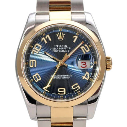 Rolex Datejust 36 Edelstahl Gelbgold 116203 Blau Arabisch mit blauem Zifferblatt und 18 kt goldenen Details.