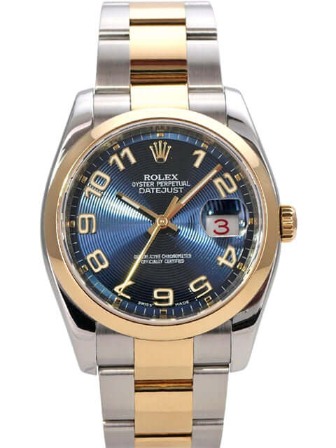 Rolex Datejust 36 Edelstahl Gelbgold 116203 Blau Arabisch mit blauem Zifferblatt und 18 kt goldenen Details.