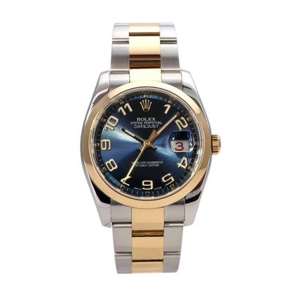 Rolex Datejust 36 Edelstahl Gelbgold 116203 Blau Arabisch mit goldenen arabischen Ziffern und Automatikwerk.