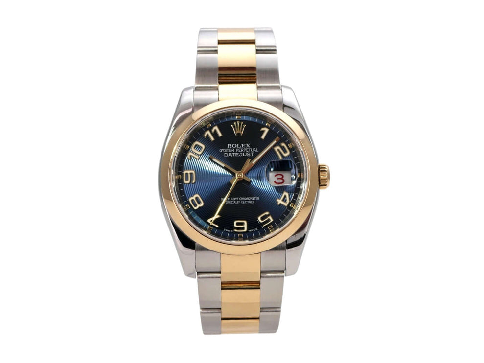 Rolex Datejust 36 Edelstahl Gelbgold 116203 Blau Arabisch mit goldenen arabischen Ziffern und Automatikwerk.