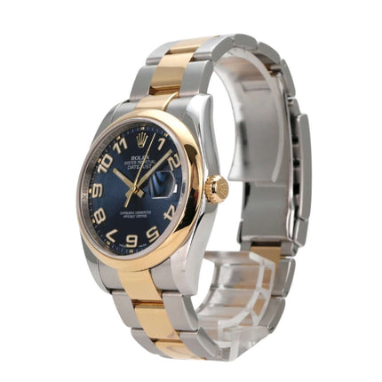 Rolex Datejust 36 Edelstahl Gelbgold 116203 Blau Arabisch mit blauem Zifferblatt und goldenen arabischen Ziffern.