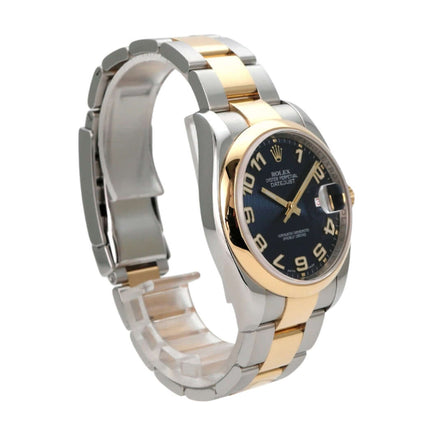 Rolex Datejust 36 Edelstahl Gelbgold 116203 Blau Arabisch mit blauem Zifferblatt und goldenen arabischen Ziffern.