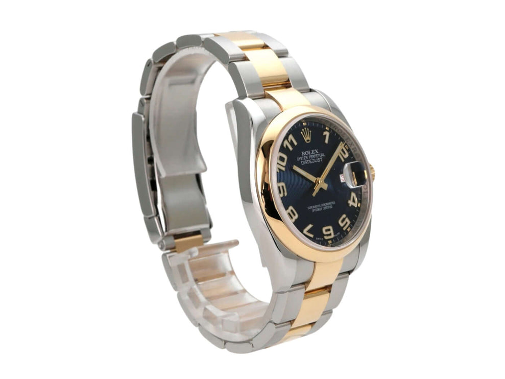 Rolex Datejust 36 Edelstahl Gelbgold 116203 Blau Arabisch mit blauem Zifferblatt und goldenen arabischen Ziffern.
