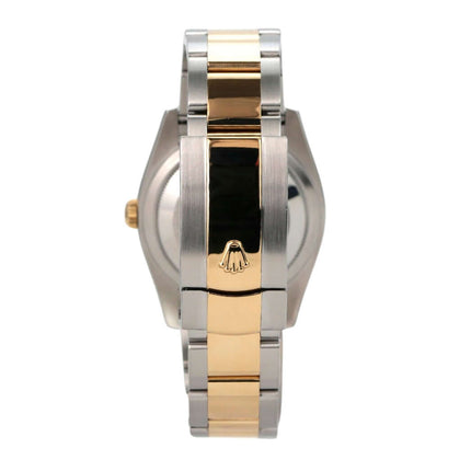 Rolex Datejust 36 Edelstahl Gelbgold 116203 Blau Arabisch Rückansicht mit poliertem und satiniertem Armband.