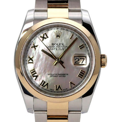 Rolex Datejust 36 Edelstahl Gelbgold 116203 Perlmutt Römisch mit Perlmutt-Zifferblatt und römischen Ziffern