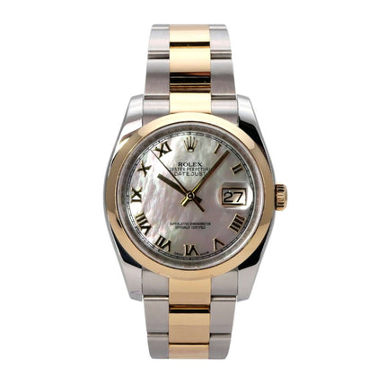 Rolex Datejust 36 Edelstahl Gelbgold 116203 Perlmutt Römisch mit perlmutfarbener Zifferblatt und römischen Ziffern.